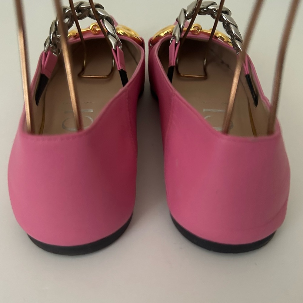 Gucci Nappa Lumiere Pink Leather Point Toe Horsebit Silver Chain Ballet Flats 36 - Picture 5 of 10